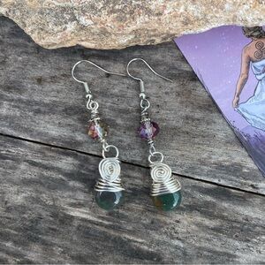 Wire Wrapped Indian Agate Briolette Dangle Earrings - Handmade